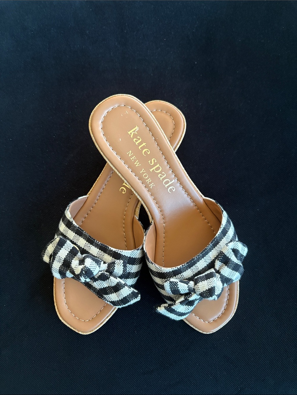 kate spade Black and White Gingham Bow Slide Sandals